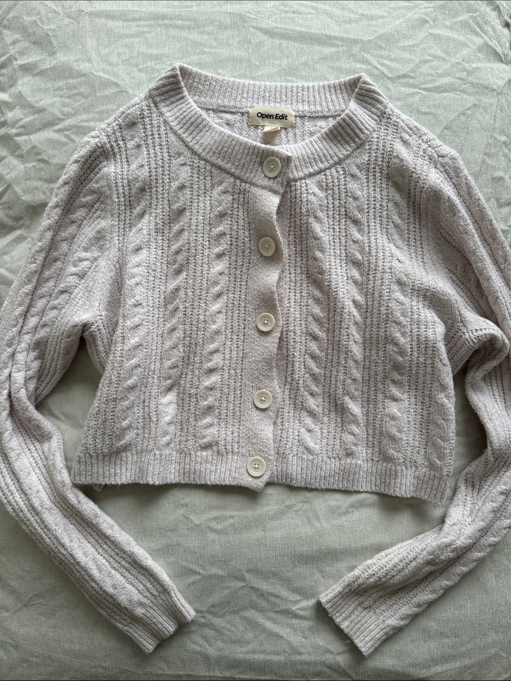 Open Edit Cream Cable Knit Button-Up Cardigan